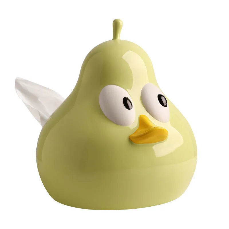 Ceramic pear-shaped tissue box holder in white porcelain with animal design for desktop use