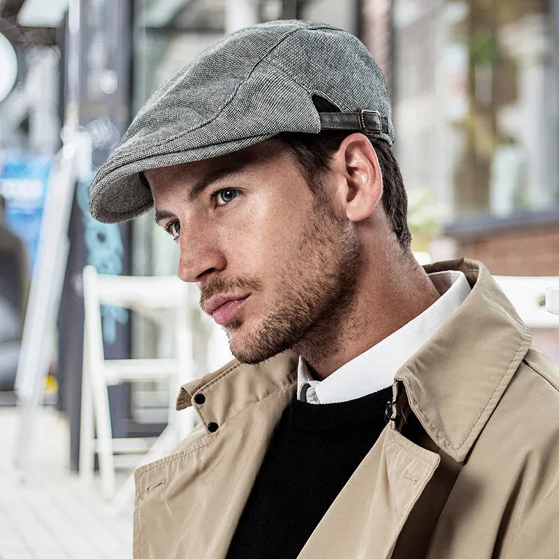Men's adjustable beret in cotton-linen blend showing dome crown style in solid colour options
