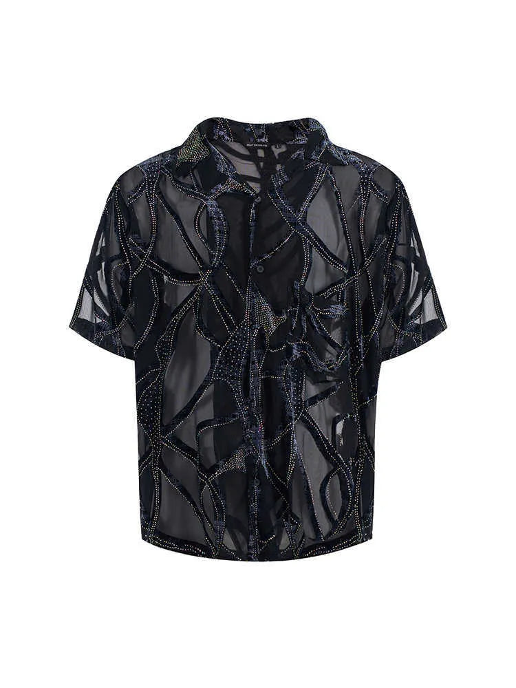 Men's black and grey snake pattern short-sleeve shirt with translucent fabric and lapel collar