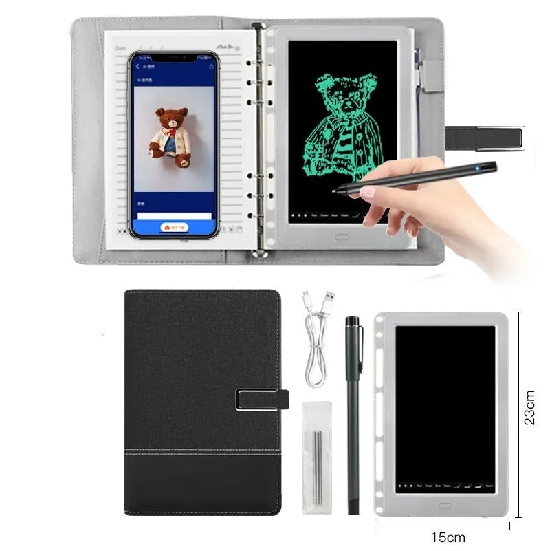 85-inch electronic writing pad with smart pen on a stitching design surface in blue.