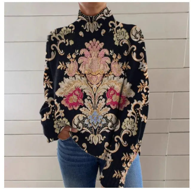 Black knitted turtleneck sweater with 3D pattern printing in loose fit design