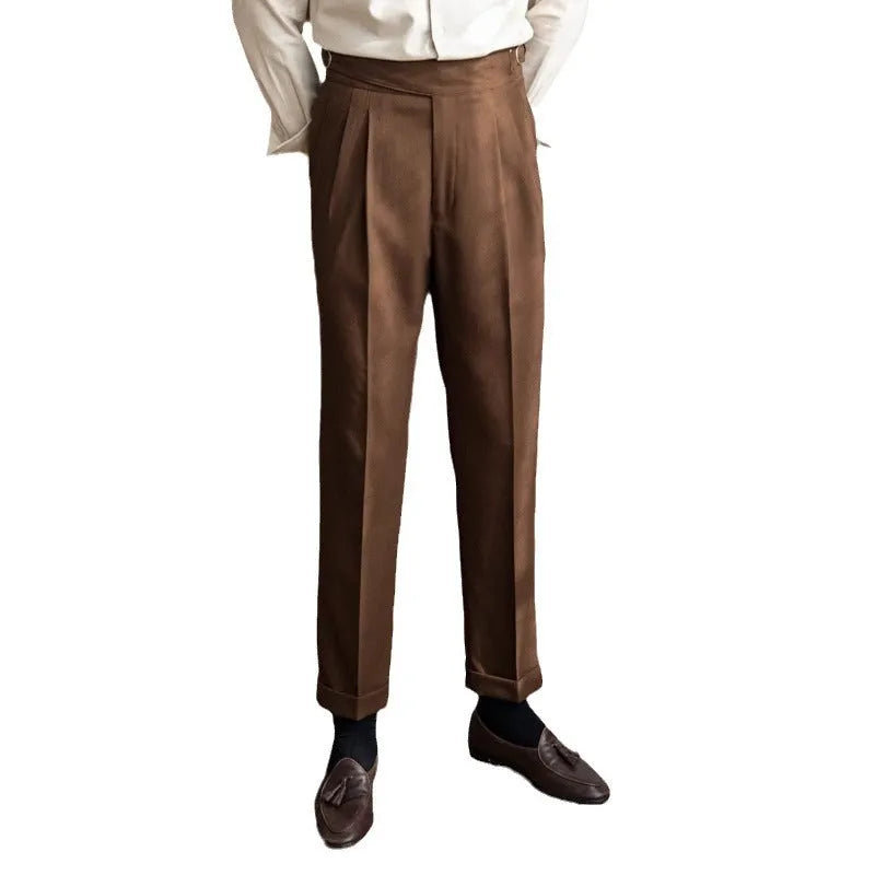 Man wearing black high-waist straight-leg casual polyester trousers for a leisure outfit.
