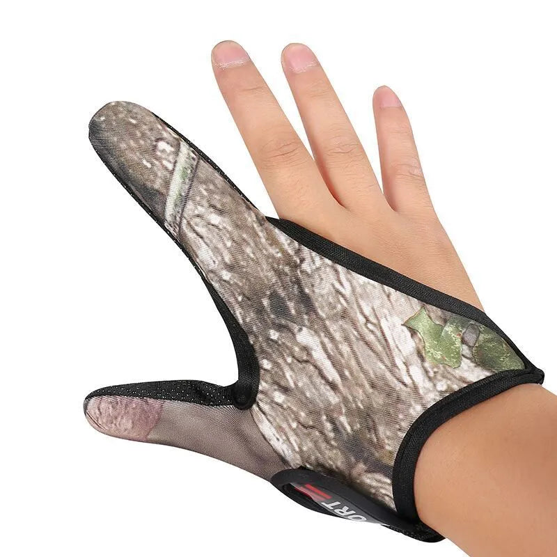 Two finger fishing glove showing diving cloth back and microfiber palm, available in right or left hand colours.