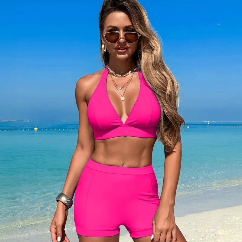 Women's two-piece sleeveless bikini swimsuit in nylon fabric on a mannequin.