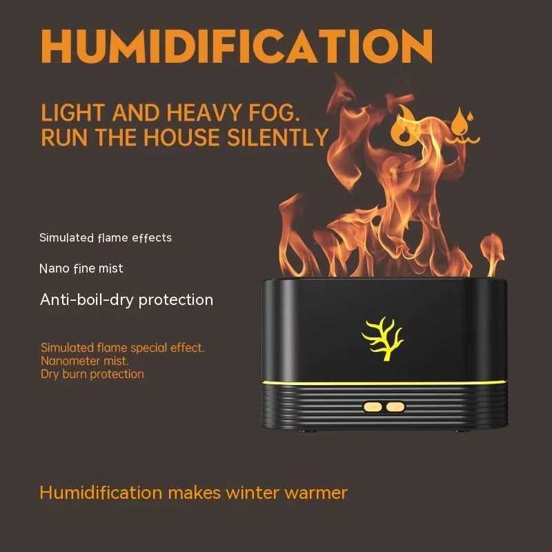 Square flame humidifier with LED fire effect showing mist output