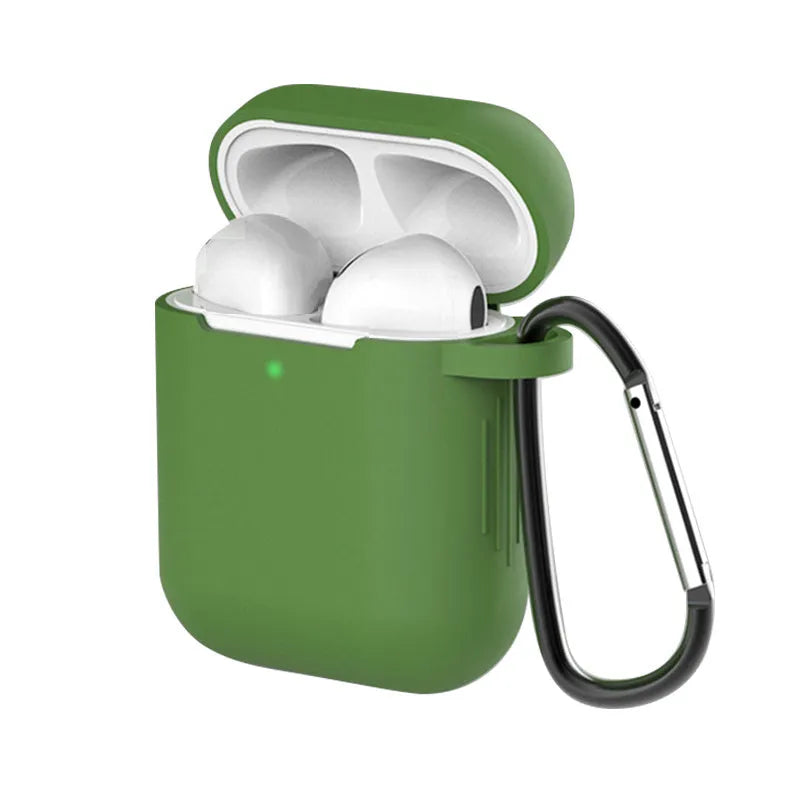 Silicone AirPods case for AirPods 1 and 2 in various colour options showing clamshell design