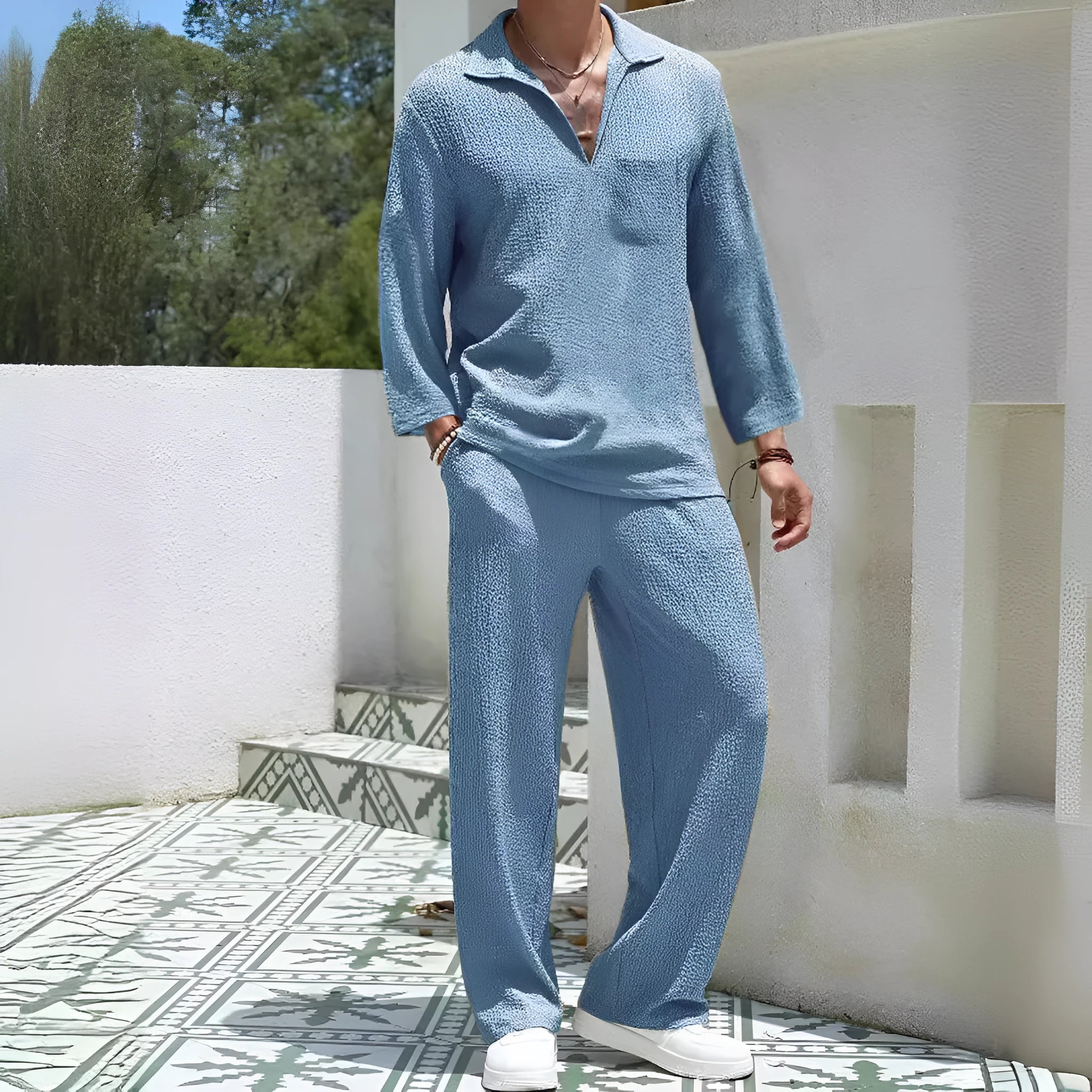 Men's casual polyester suit set with shirt jacket and trousers in four colour options