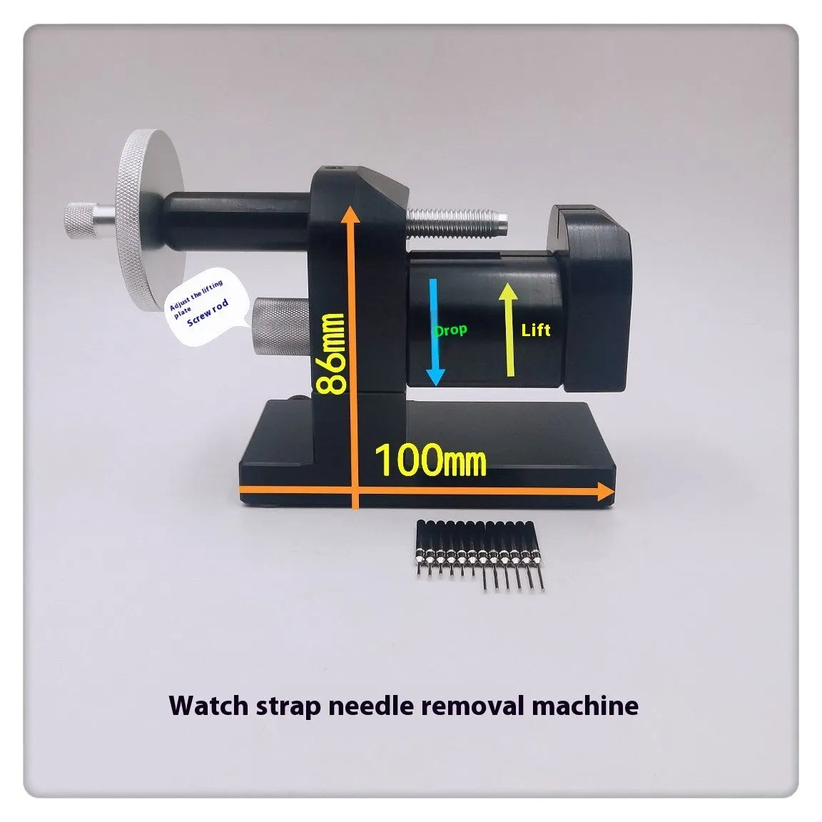 Alloy steel watch strap removal machine with accessory tools for professional watch repair.
