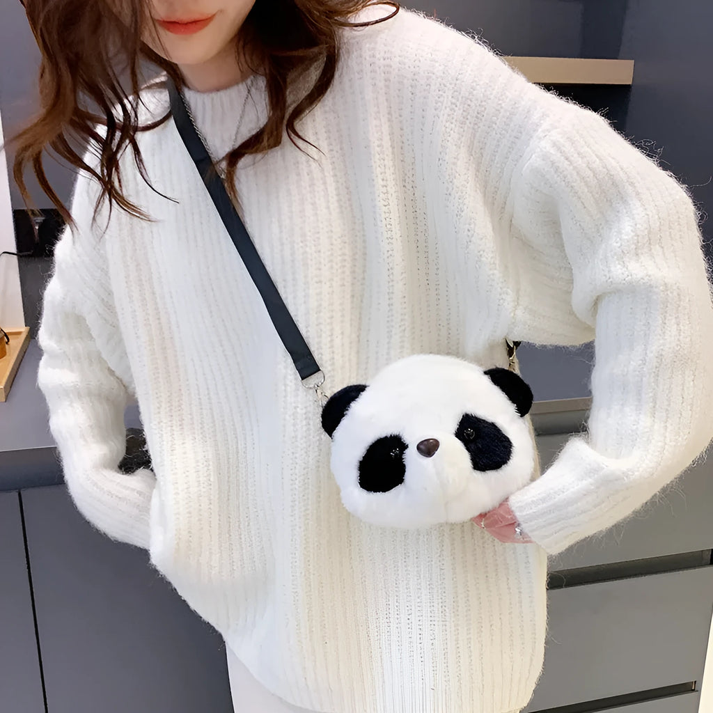 Plush panda head design crossbody bag with cylindrical shape and sandwich pocket