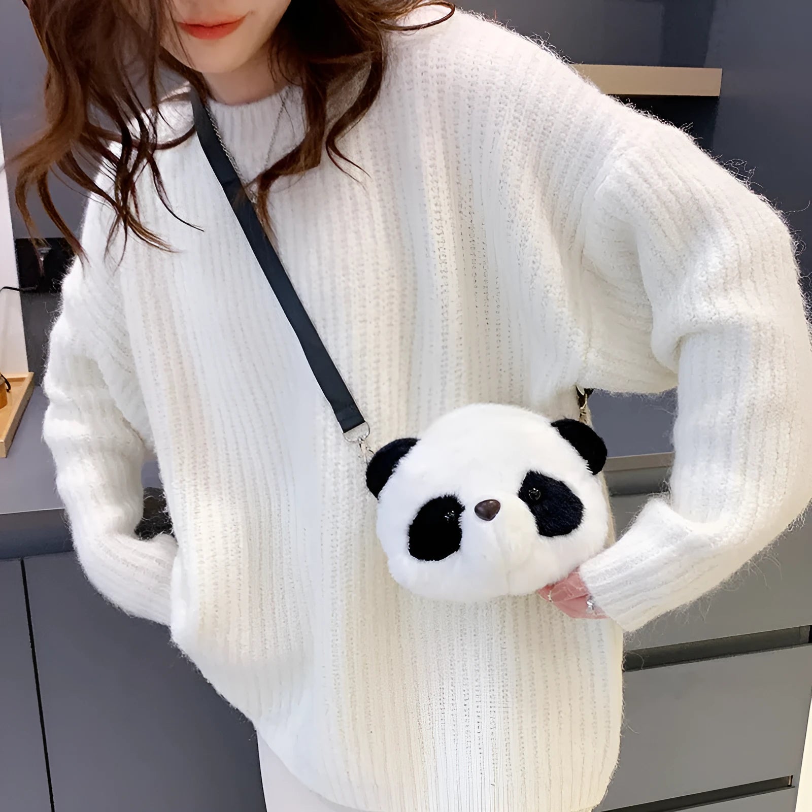 Plush panda head design crossbody bag with cylindrical shape and sandwich pocket