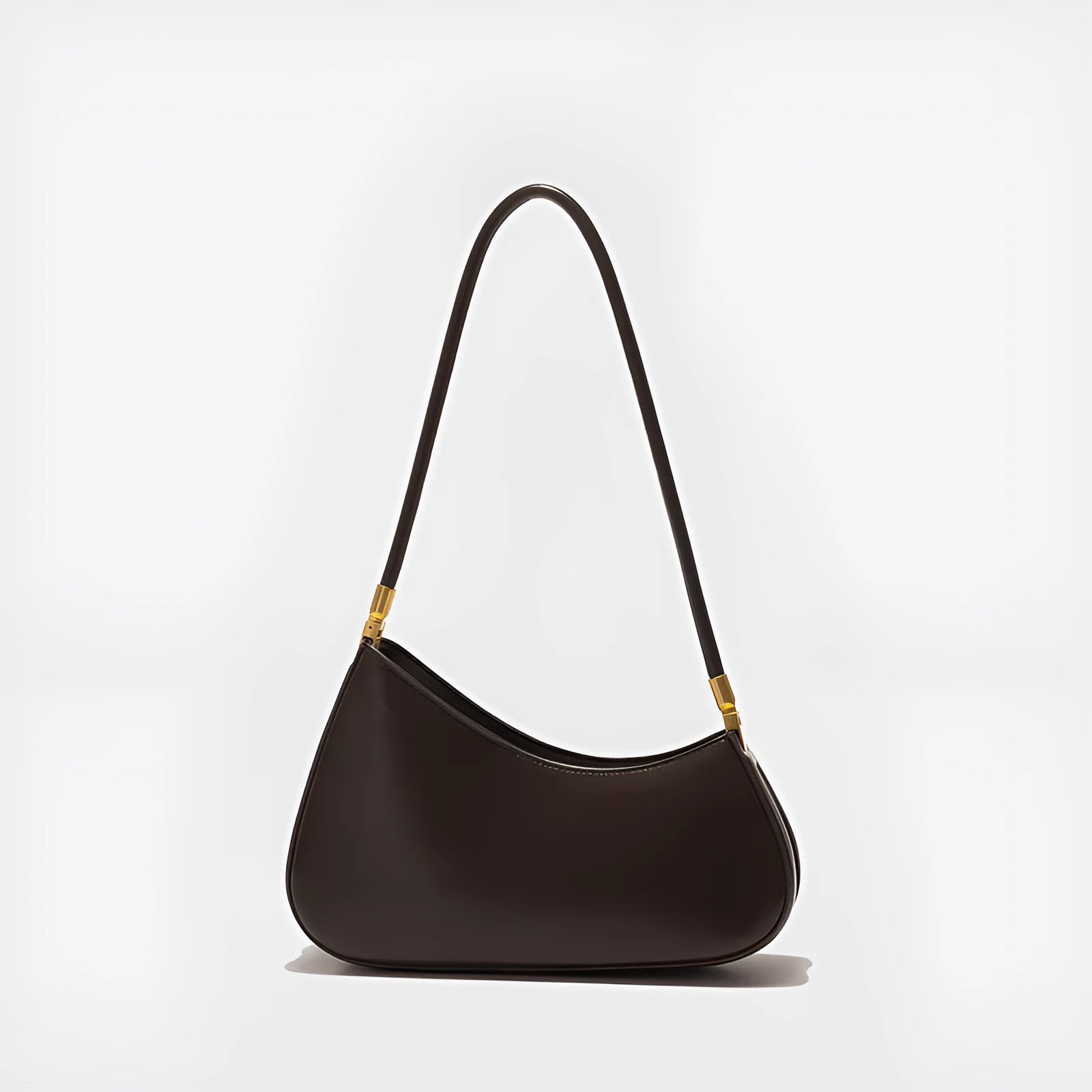 Oval-shaped brown PU leather women's underarm handbag with a single shoulder strap and visible stitching.