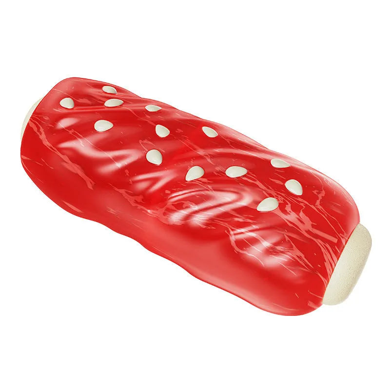 Primary colour plastic molar rod dog chew toy with treat holes.