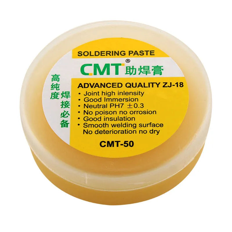 CMT high-purity rosin soldering flux paste in 50g and 85g sizes for electric soldering irons