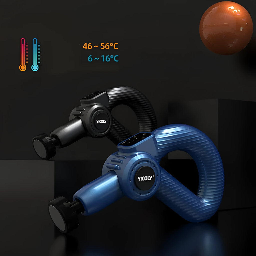 Black smart muscle massage gun with five interchangeable massage heads on a table.
