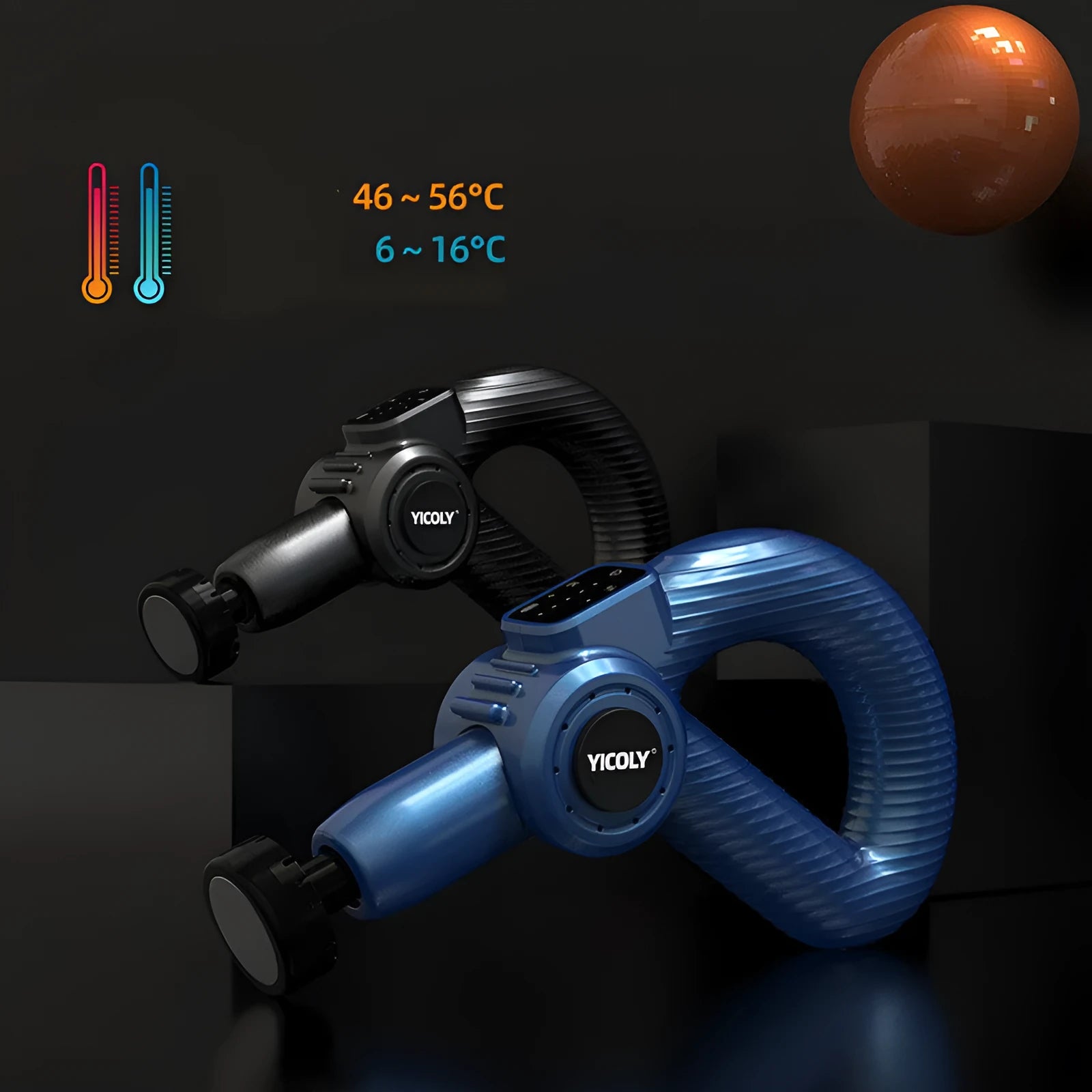 Black smart muscle massage gun with five interchangeable massage heads on a table.
