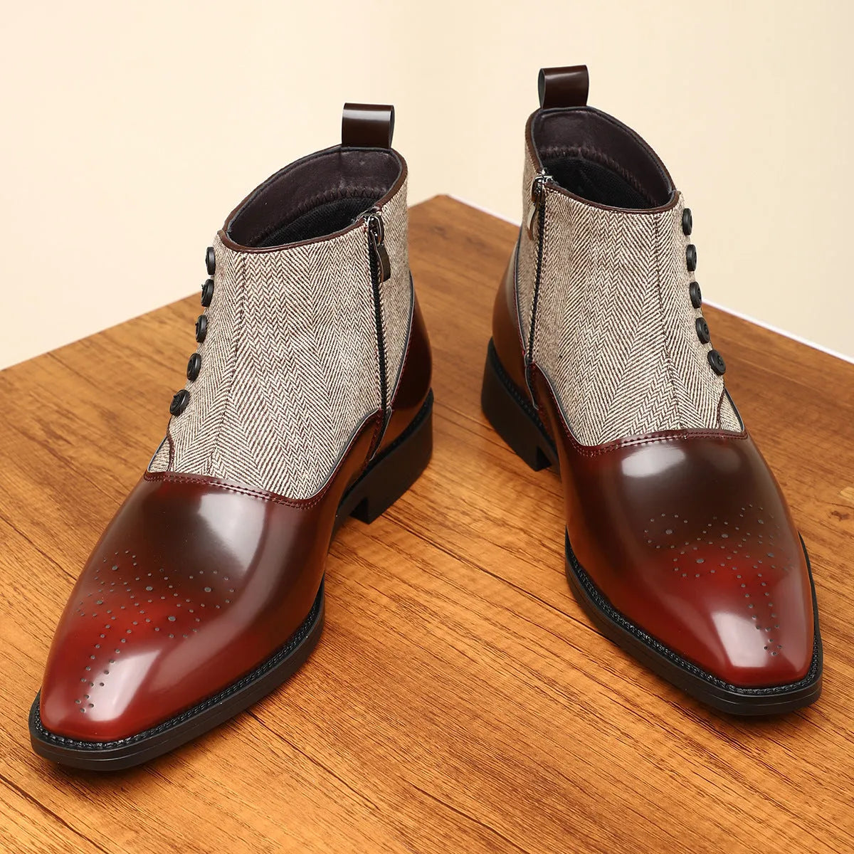 Men's brown retro formal leather shoes with square toe, side zip, and low square heel on a rubber sole.