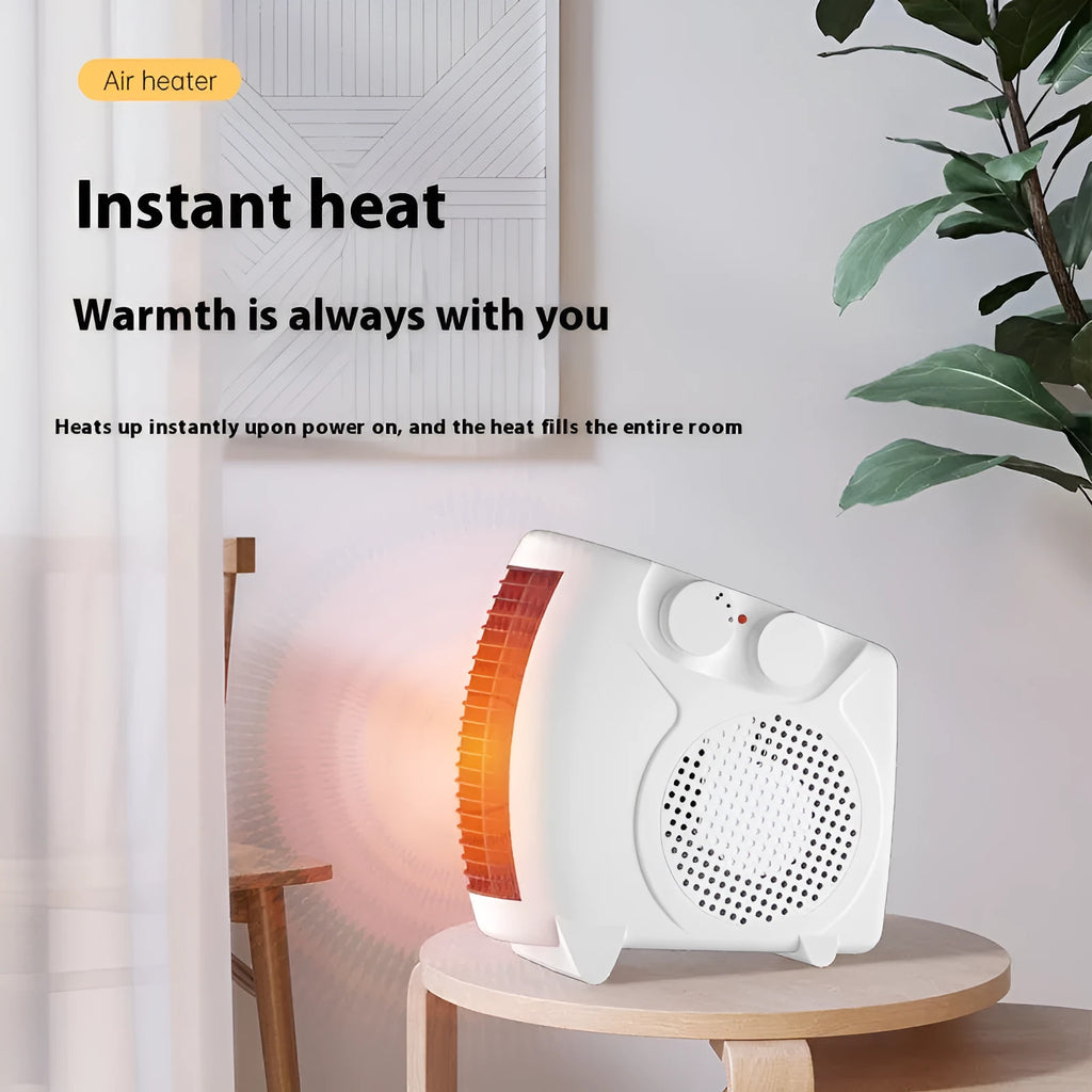 White compact ceramic electric heater with dual power settings for desktop use