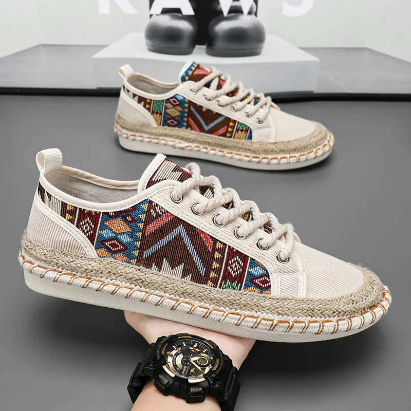 Men's casual summer shoes in cloth with round toe, shown in beige and black colour options