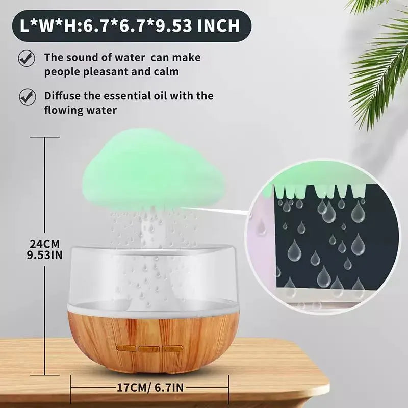 White raining cloud mushroom lamp humidifier and aromatherapy diffuser on a desk.