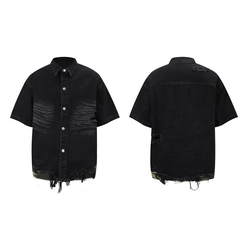 Denim two-piece streetwear set with leopard print stitching on short sleeve top and matching shorts