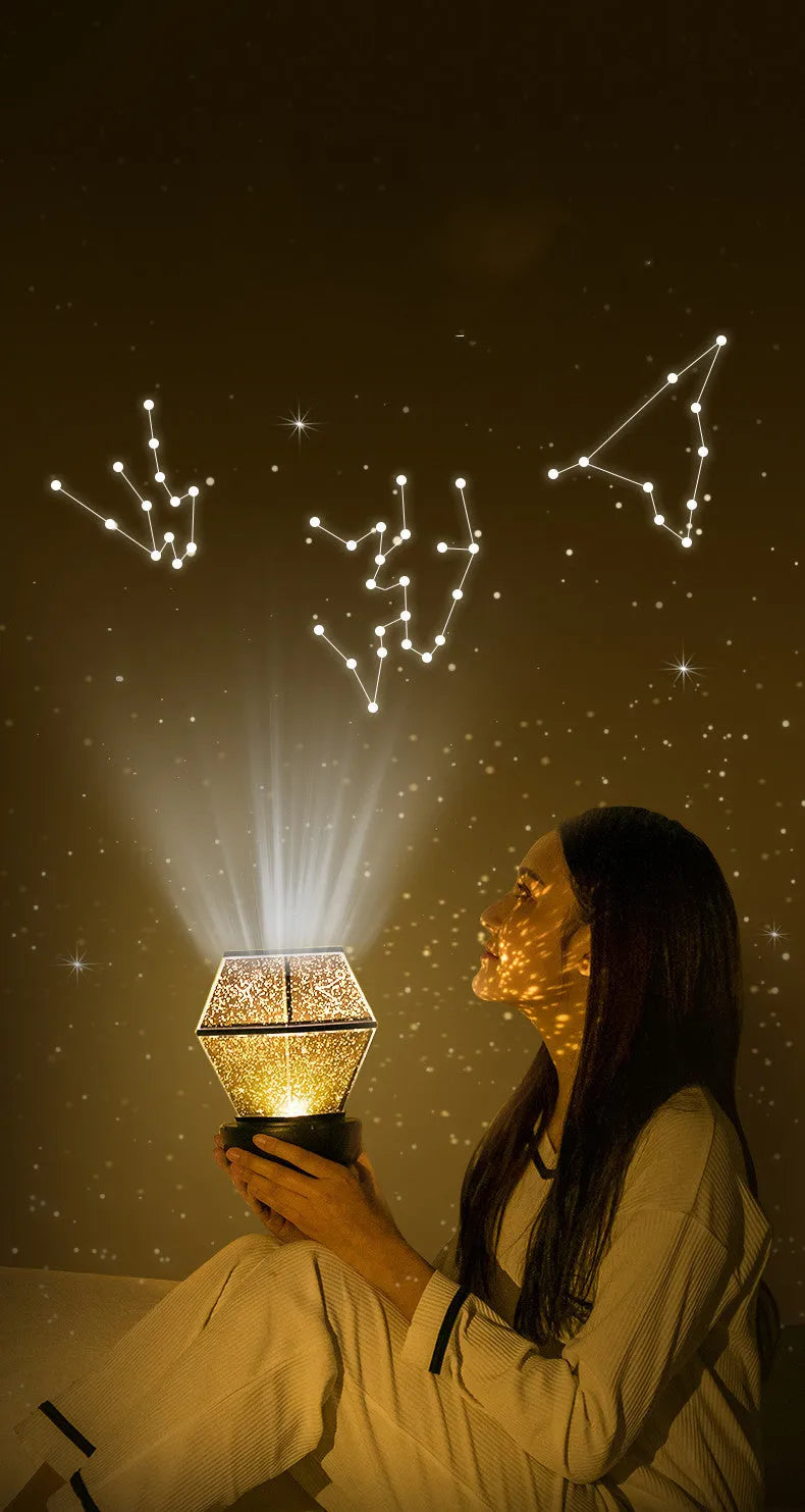 Children's rotating star night light projecting coloured stars on bedroom wall