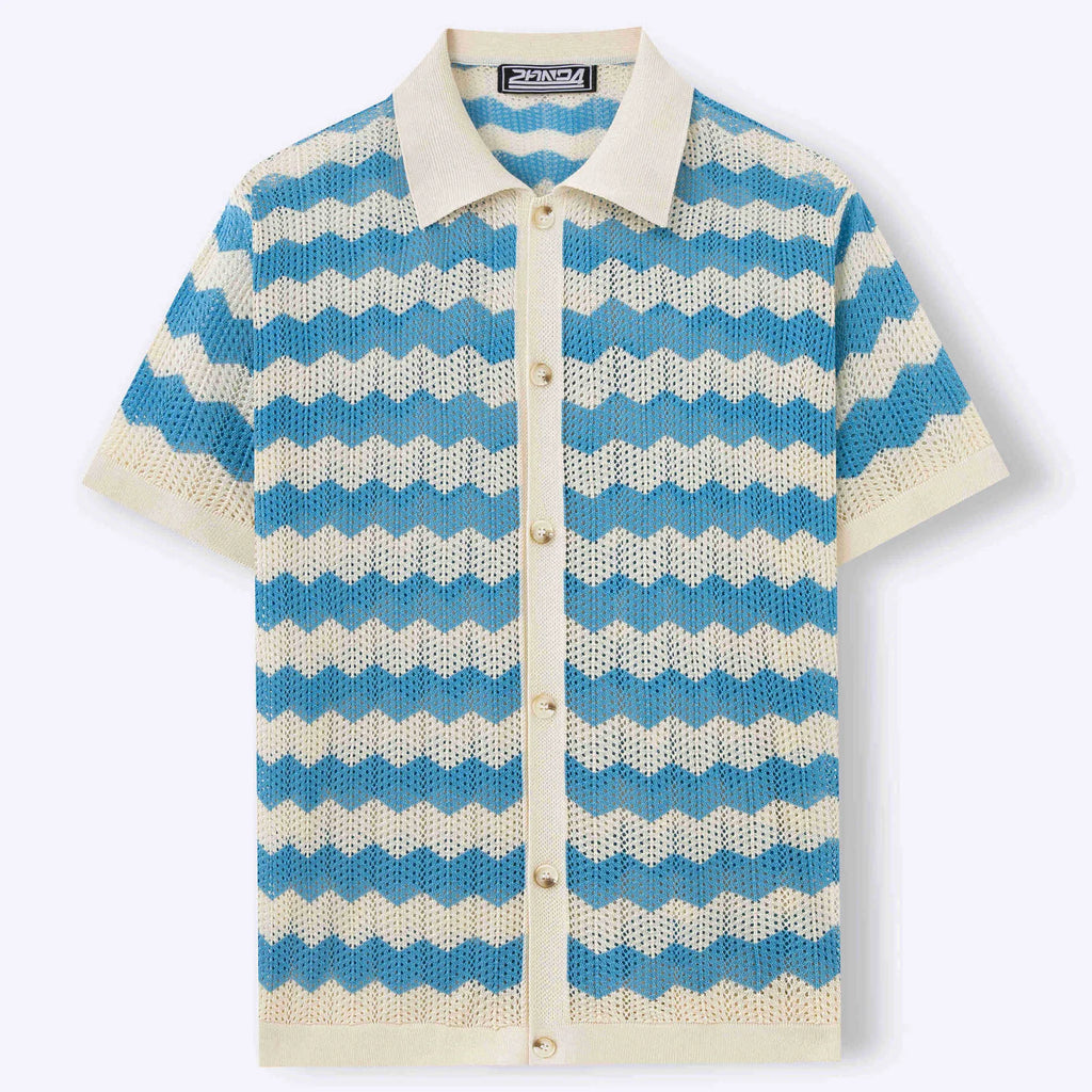 Short sleeve corrugated sweater with jacquard pattern in blue, brown, or yellow colours