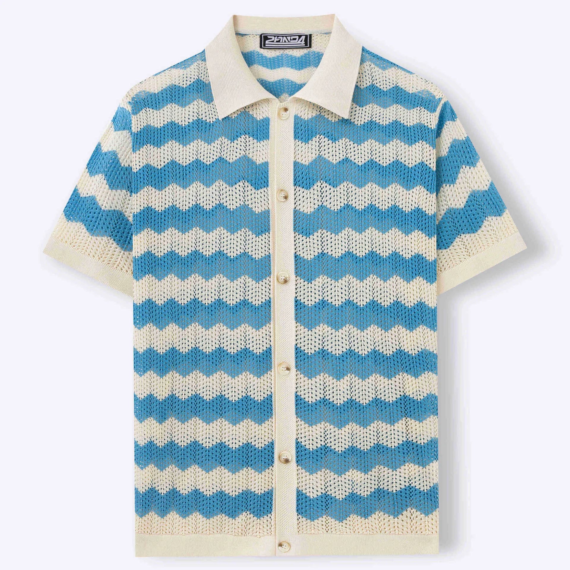Short sleeve corrugated sweater with jacquard pattern in blue, brown, or yellow colours