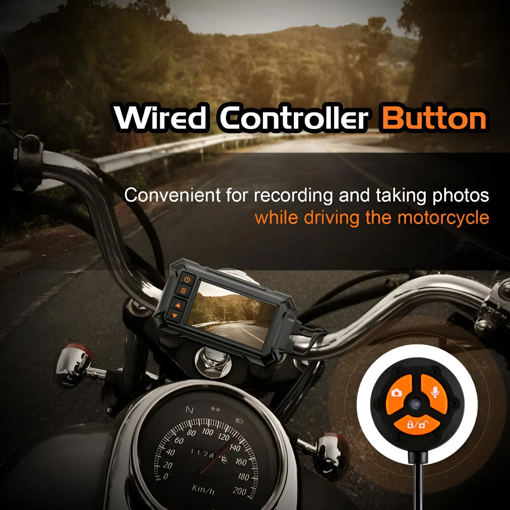 Motorcycle dual lens dash cam recorder with 3 inch display, front and rear cameras, and GPS module