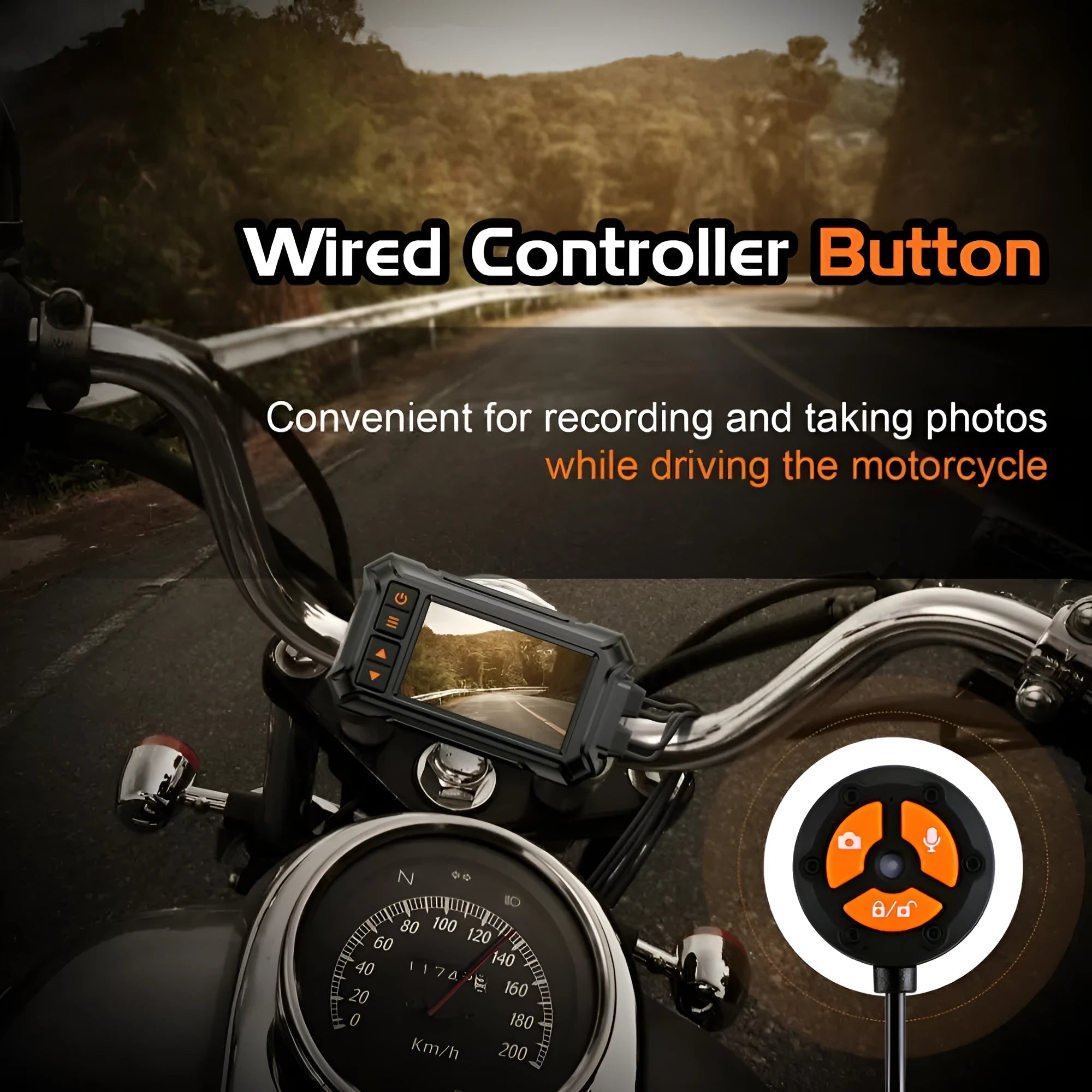 Motorcycle dual lens dash cam recorder with 3 inch display, front and rear cameras, and GPS module
