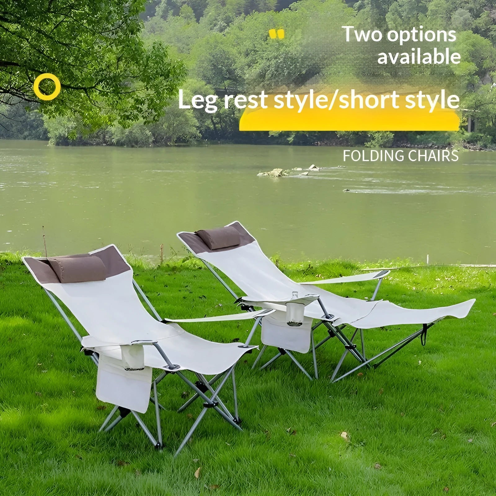 Portable folding recliner chair in beige for outdoor and office use, folded for storage