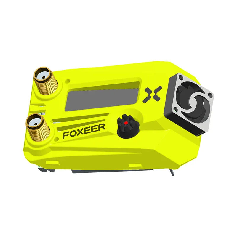 Black FPV video glasses with dual antennas, shown on a stand.