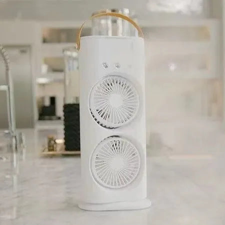 White portable USB desk humidifying fan with double spray heads and remote control.