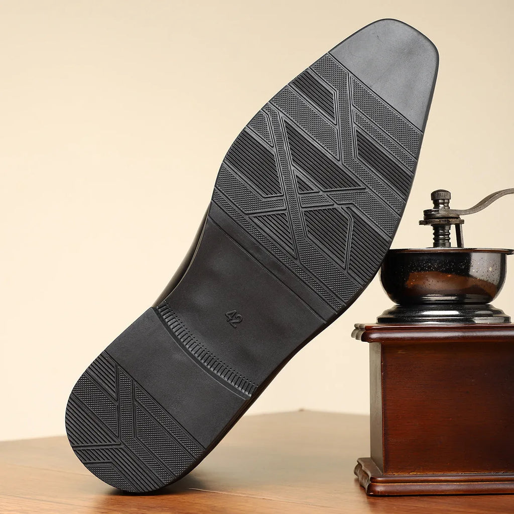 Men's brown retro formal leather shoes with square toe, side zip, and low square heel on a rubber sole.