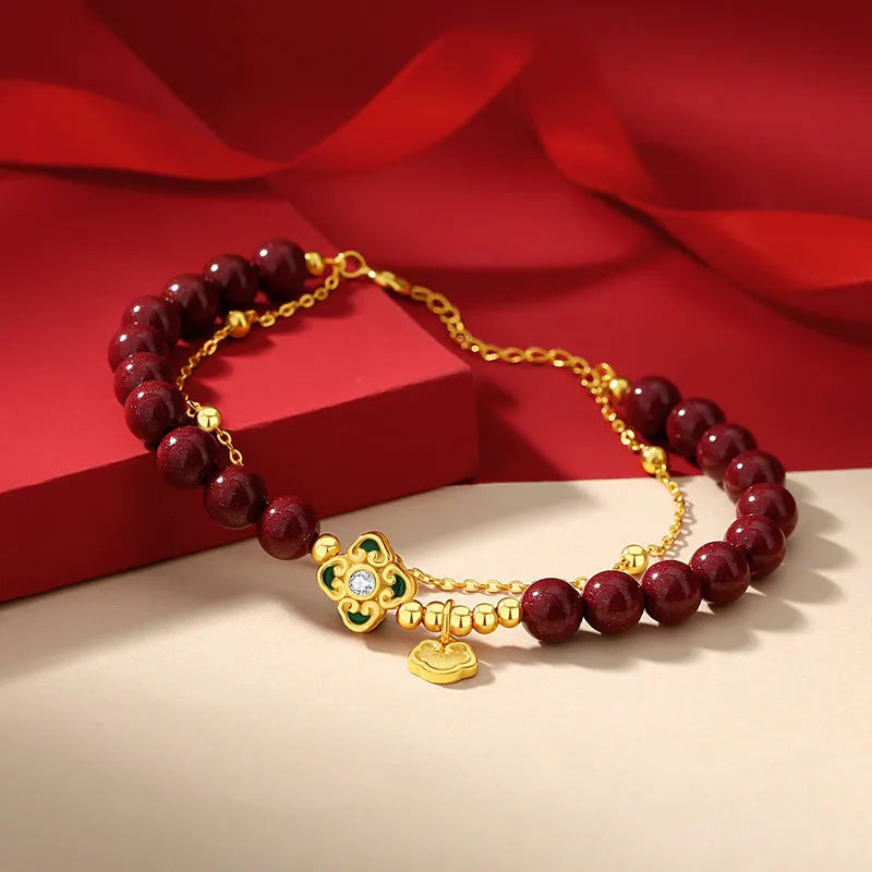 Women's sterling silver bracelet with Ruyi, Xiangyun and cinnabar flower traditional motifs