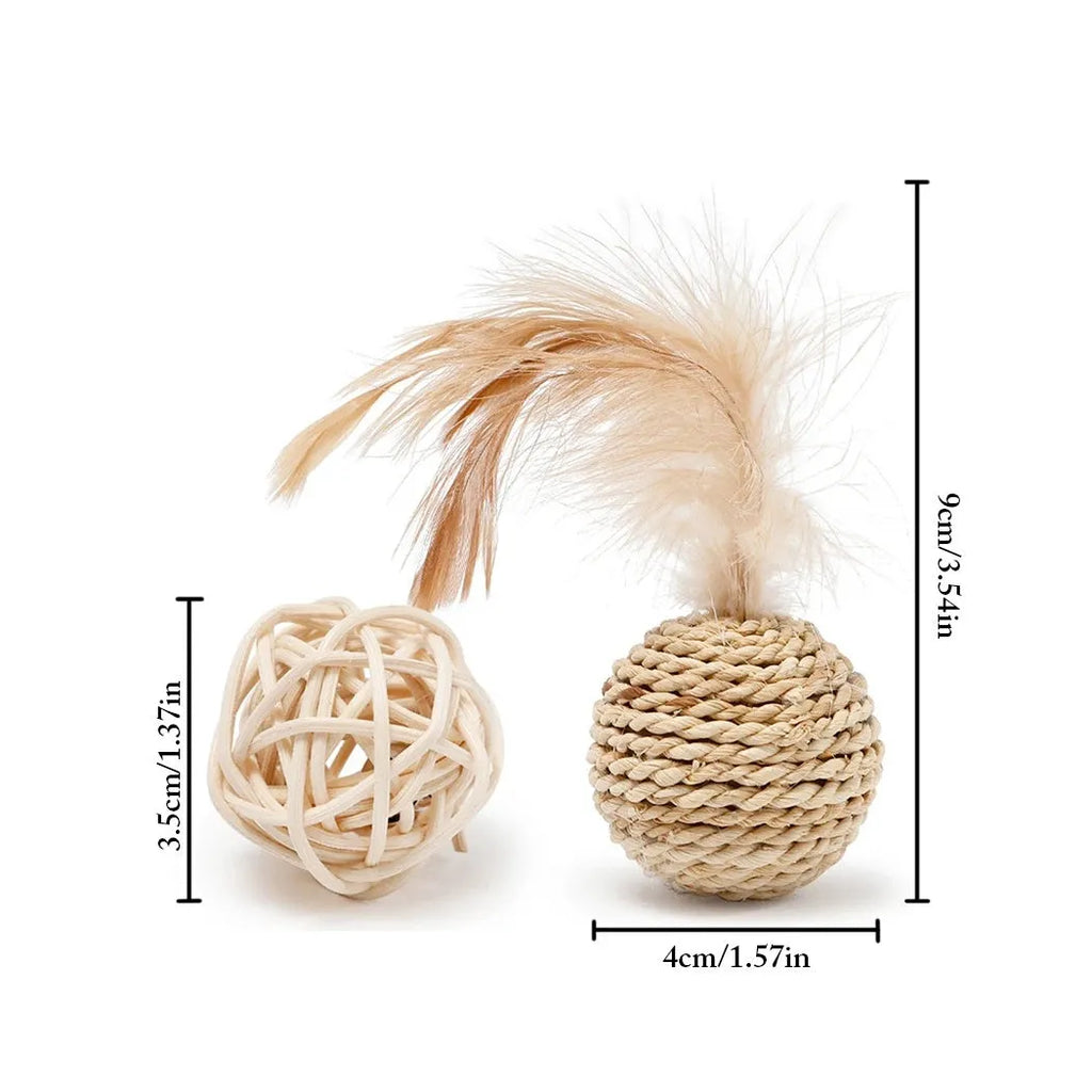 Two-piece cat toy set showing rattan ball with bell and faux feather ball in primary colours