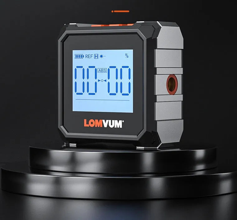 Digital laser inclinometer tool with alloy casing and backlit display on a metal surface.