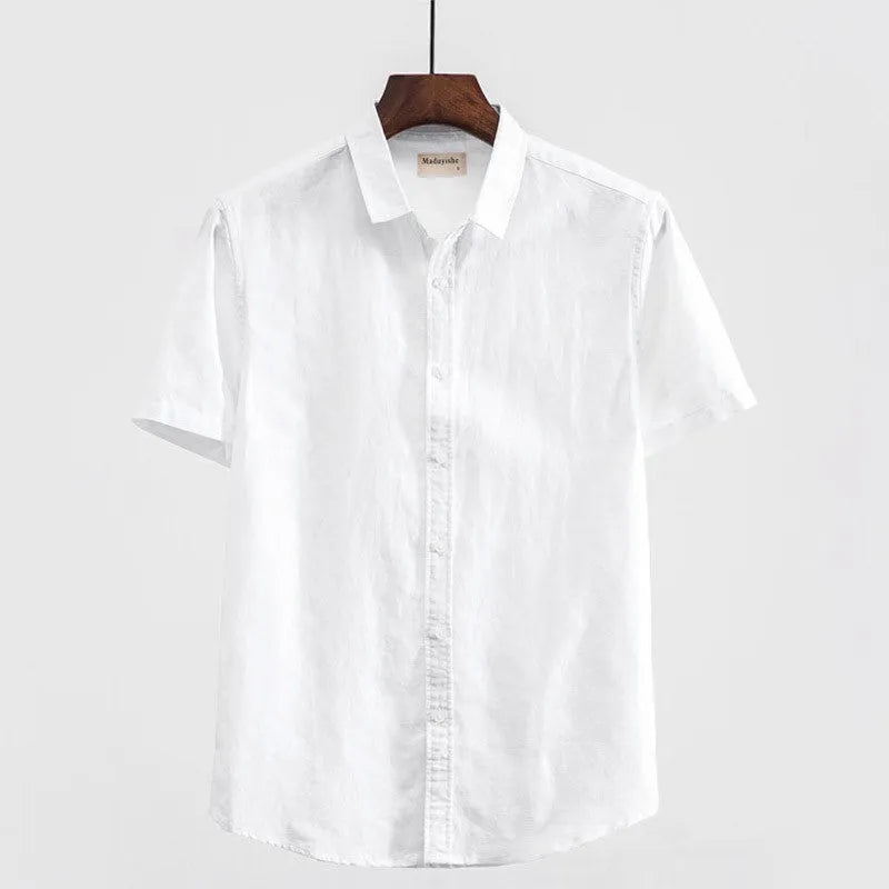 Men's casual square collar linen short sleeve shirt in loose cardigan style