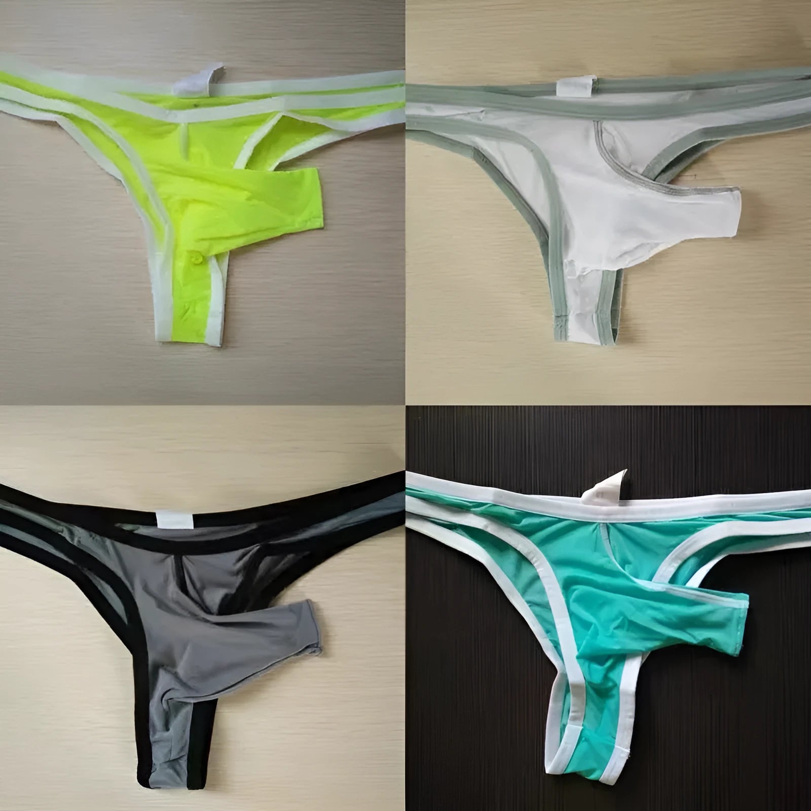 Men's nylon ice silk briefs in multiple colours including army green and white.