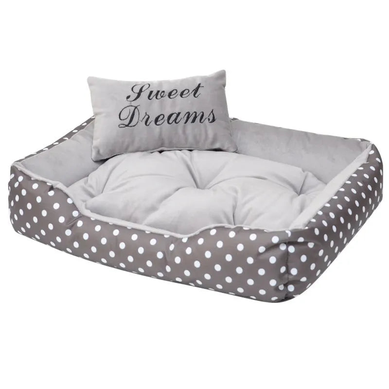 Polka dot printed dog bed with square pillow in rose red, lake blue, pink, or grey colour options