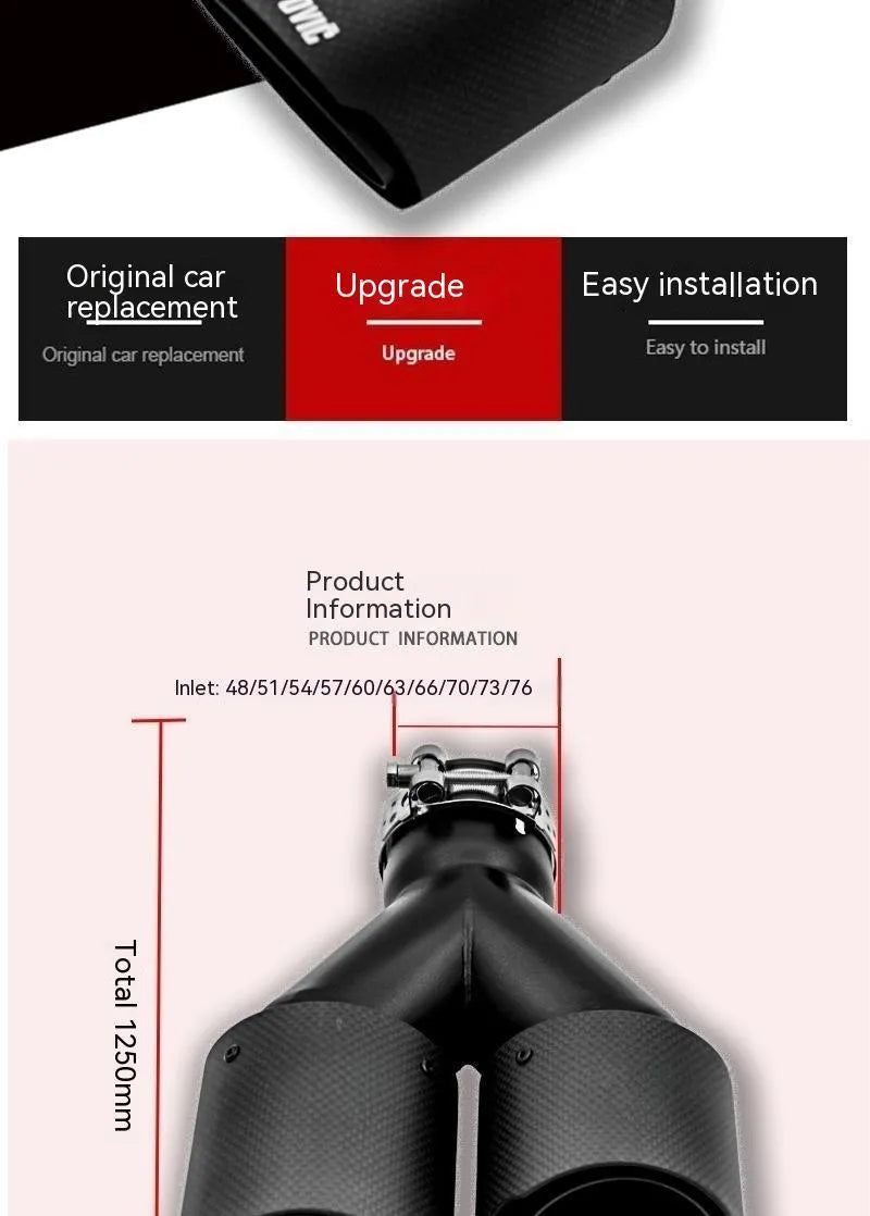 Black carbon fibre car exhaust pipe with double outlet, 250mm long