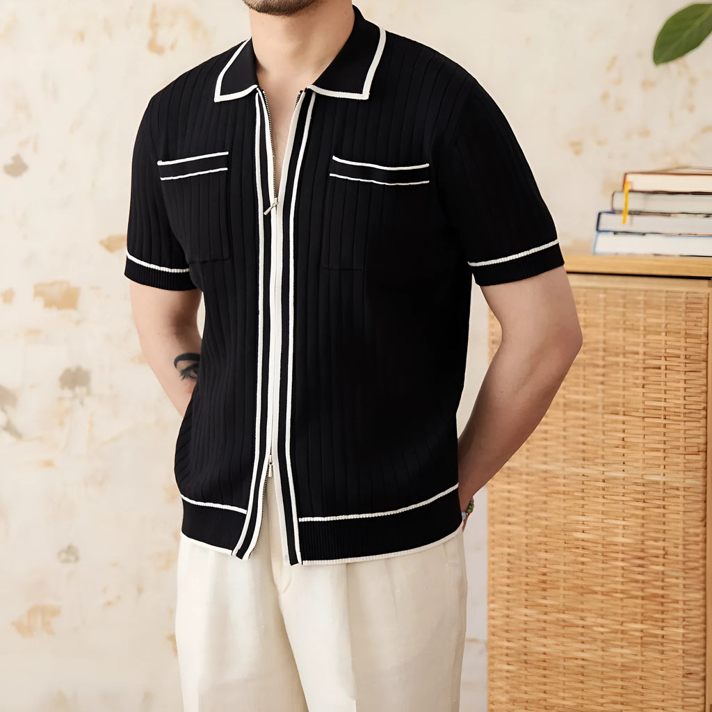 Men's slim-fit short sleeve polo shirt with lapel collar in black or white.