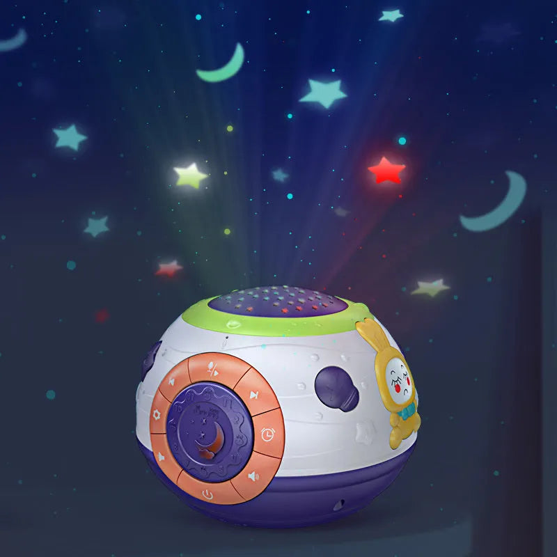 White starry sky night light projector for children on a table, showing colourful light projection.
