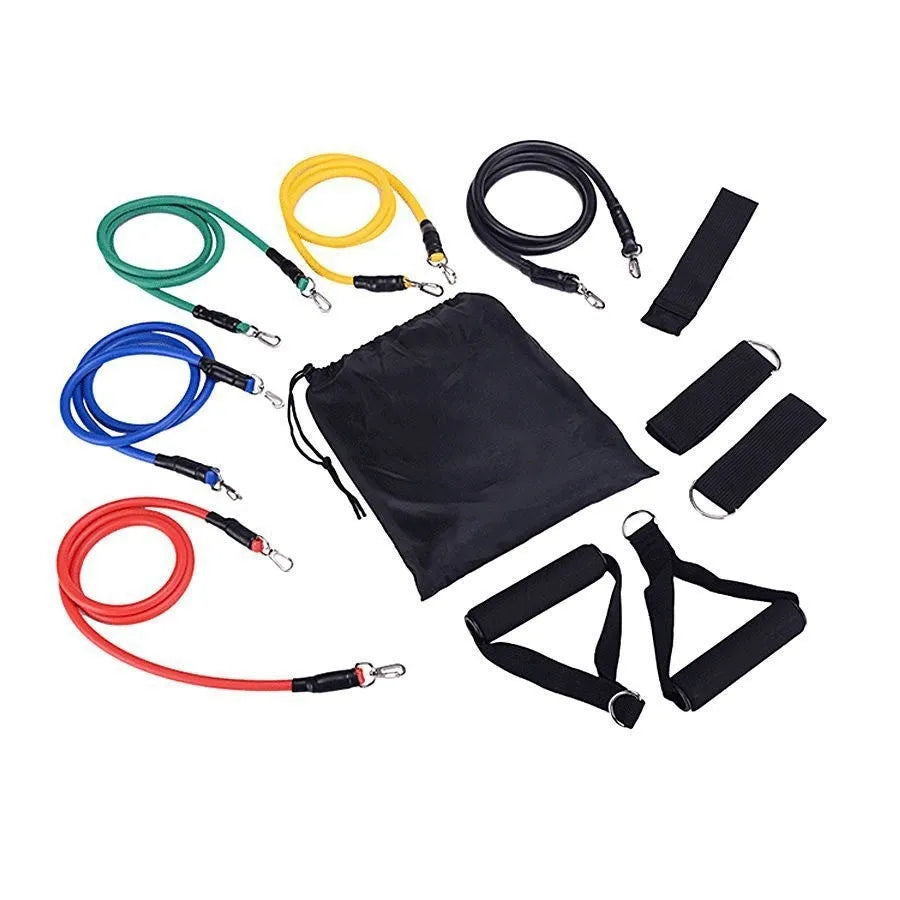 Black ABS door pull-up bar kit with adjustable rope and multiple hooks laid out for home gym setup.