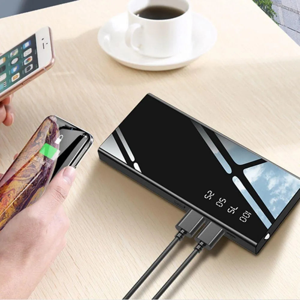 20000mAh portable power bank with LCD display showing battery percentage and dual USB ports