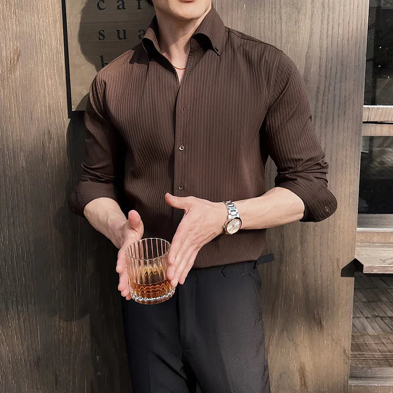 Men's dark striped V-neck long sleeve cardigan shirt in polyester blend fabric