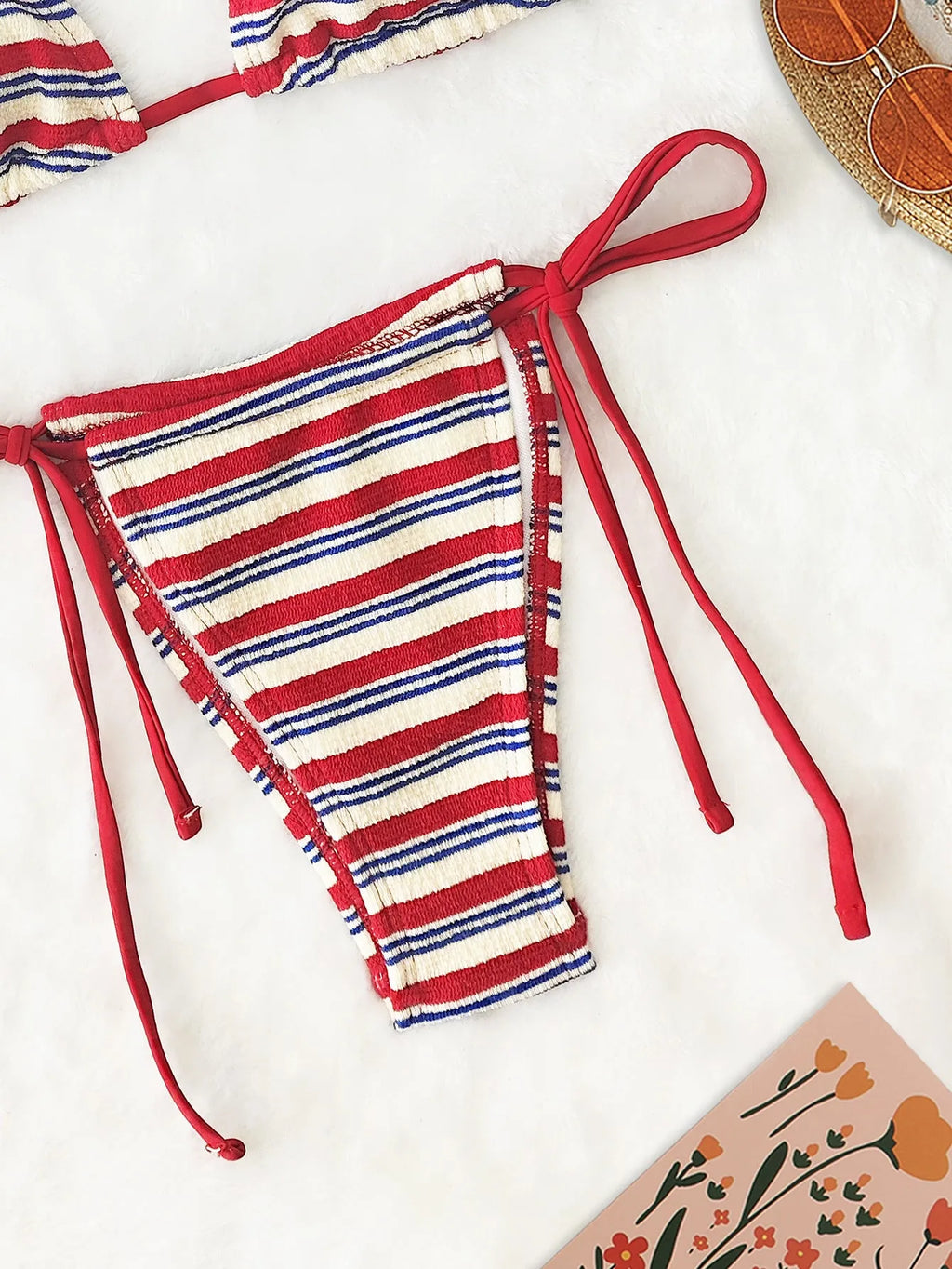 Red polyester two-piece bikini swimsuit set for women, sleeveless design, available in multiple sizes