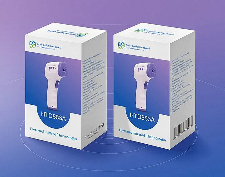 Non-contact infrared thermometer HTD883A with forehead measurement button and digital display for 0.5-second temperature reading