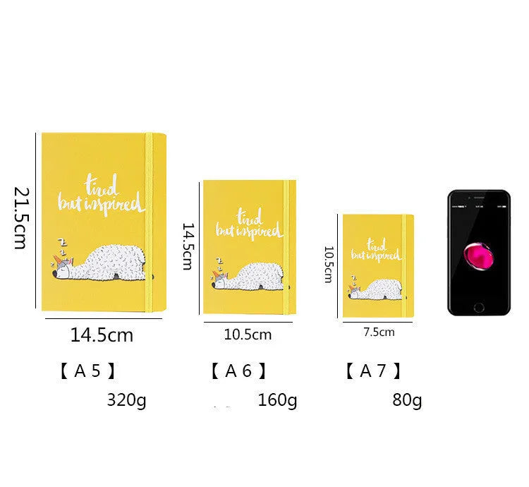 Alpaca cartoon design notepad open showing yellow paper, available in A5, A6, and A7 sizes.