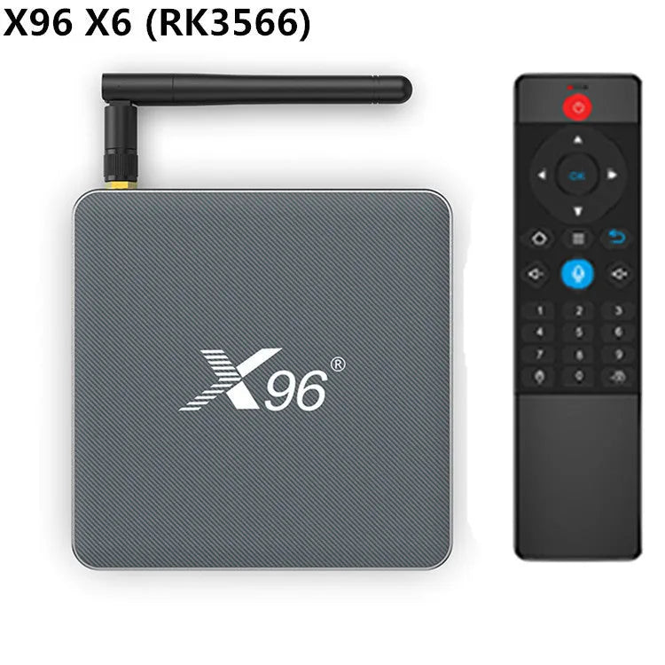 Android Smart Voice Set-top Box with remote control, HDMI cable, and power adapter.