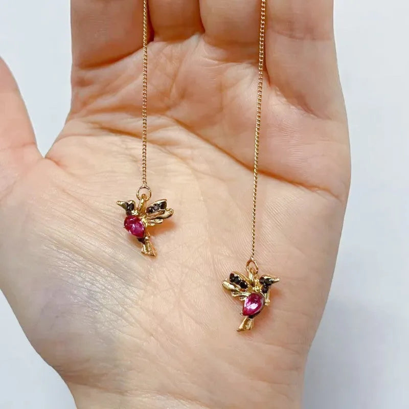 Women's bird design hanging earrings with mixed zirconium wings in blue, red and red lvzuan colours